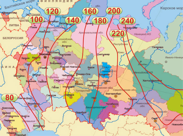 Карта глубины промерзания грунтов России